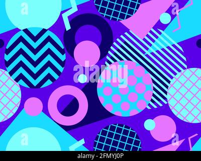 Motif géométrique sans couture dans le style de memphis des années 80. Cercles avec des zigzags et des formes géométriques. Arrière-plan pour papier d'emballage, publicité Illustration de Vecteur