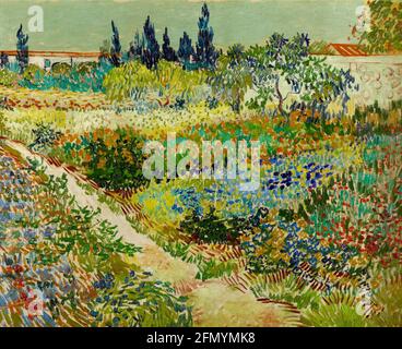 Œuvre d'art Vincent van Gogh intitulée jardin à Arles à partir de 1888. Scène de jardin avec cyprès en arrière-plan. Merveilleux, coloré. Banque D'Images