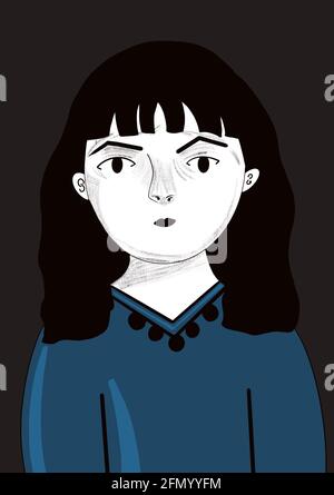 Illustration numérique du visage d'une femme détendue, pour des histoires, un style pop art Banque D'Images