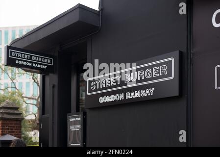 Logo noir enseigne d'atelier marque Burger de rue Gordon Ramsay Banque D'Images