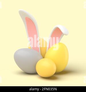 3d simple lapin de pâques se cachant dans les oeufs sur fond jaune pastel illustration 3d. Rendu 3d du concept de vacances de Pâques. Banque D'Images