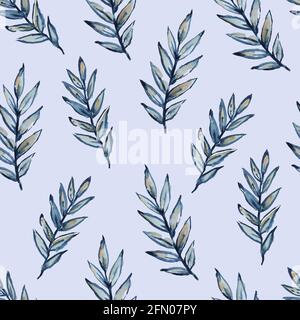 Joli motif aquarelle minimaliste sans coutures avec branches bleues. Banque D'Images