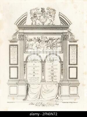 L'autel en bois sculpté de Sainte Marie Aldermanbury, avec la peinture de la Cène par les anciens Francs et les dix Commandements du Livre d'Exode. Reconstruit par Christopher Wren au XVIIe siècle, démoli au Blitz. Coperplate dessinée et gravée par James Peller Malcolm à partir de ses anecdotes sur les manières et les coutumes de Londres au XVIIIe siècle, Longman, Hurst, Londres, 1808. Malcolm (1767-1815) était un topographe et graveur américain-anglais, Fellow de la Société des antiquaires. Banque D'Images