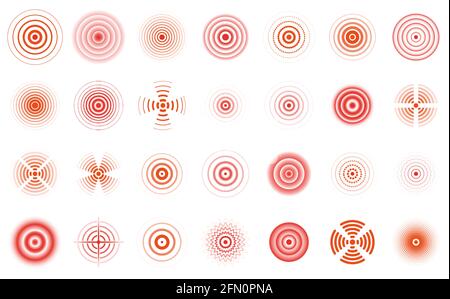 Cercles de douleur rouges. Cercle de localisation de la douleur, jeu d'illustrations vectorielles d'ondes de sondeur de douleur médicale. Pointins rouges Illustration de Vecteur