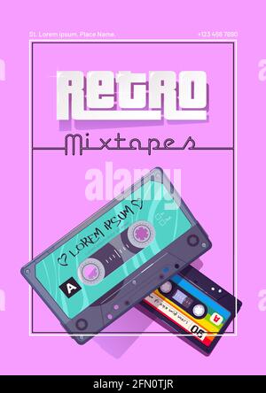 Affiche de dessin animé rétro mixtapes avec cassettes audio, cassettes mixtes, stockage multimédia pour la musique et le son sur fond rose. Appareils de taille basse analogiques de style vintage de la culture des années 80, illustration vectorielle Illustration de Vecteur