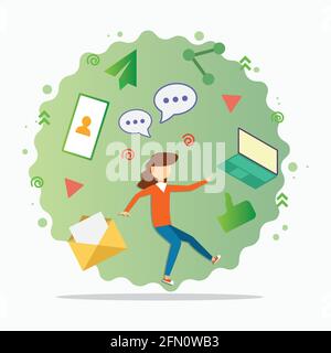 Une femme occupée gérant plusieurs appareils et réseaux sociaux dans vecteur d'illustration professionnel moderne Illustration de Vecteur