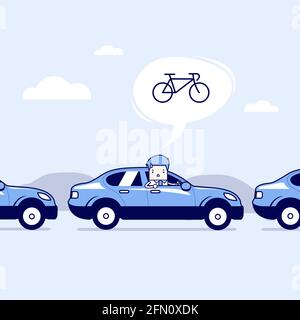 Homme d'affaires sur la route avec embouteillage, pensé à travailler en vélo mieux. Vecteur de style ligne fine de personnage de dessin animé. Illustration de Vecteur