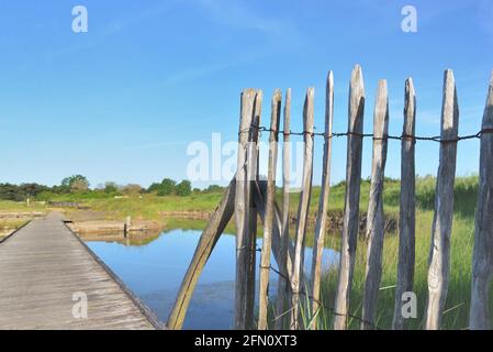 gros plan sur la frence en bois naturel et la passerelle traversant l'eau de mer étangs sous ciel bleu Banque D'Images