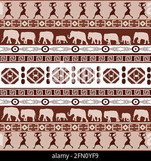 Modèle africain avec silhouettes de femmes et d'éléphants africains Illustration de Vecteur