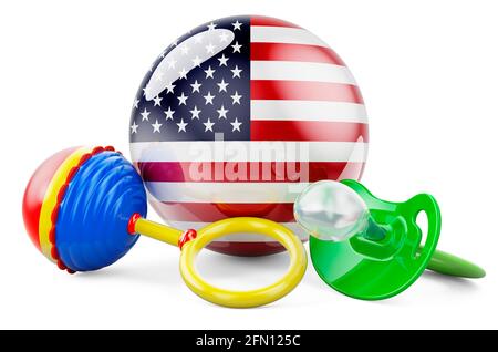Le taux de natalité et le rôle parental aux États-Unis concept. Sucette et cliquetis de bébé avec le drapeau des États-Unis, rendu 3D isolé sur fond blanc Banque D'Images
