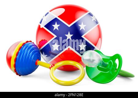 Drapeau des Etats-Unis confédérés avec sucette et hochet de bébé. Rendu 3D isolé sur fond blanc Banque D'Images