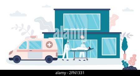 Une ambulance a amené le coronavirus à l'hôpital. Médecins en uniforme de protection spécial. Concept des services médicaux. Bâtiment de la clinique en arrière-plan. COV Illustration de Vecteur