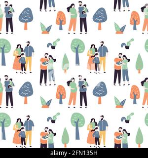 Motif sans coutures pour les couples amoureux avec enfants en plein air. Les gens se promenant ensemble dans le parc. Arrière-plan texturé avec une famille mignonne. Heure du week-end, décoration Illustration de Vecteur