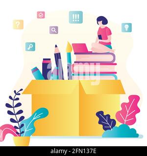 Bannière du concept d'éducation. Femme assise sur une pile de manuels. Boîte avec outils de formation. Technologie d'apprentissage en ligne. Une étudiante utilise des gadgets intelligents. Illustration de Vecteur