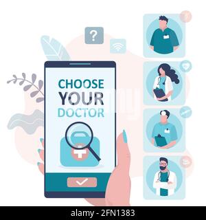 Écran du téléphone avec le thérapeute choisi. Choisir un spécialiste par smartphone. Portraits d'équipe de médecins. Concept de services médicaux et de soins de santé. Application mobile Illustration de Vecteur