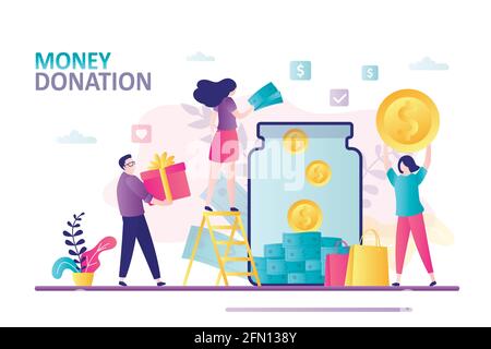 Les hommes d'affaires font des dons pour un nouveau projet. Bannière avec des personnes mettant des pièces de monnaie à la banque de verre. Organisme de bienfaisance ou financement participatif. Travail d'équipe, concept d'investissement. Illustration de Vecteur
