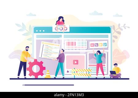 Équipe d'affaires travaillant ensemble sur la conception de page Web. Les gens construisant l'interface de site Web sur ordinateur. Concept de constructeur de site Web, développement, travail d'équipe. CH Illustration de Vecteur