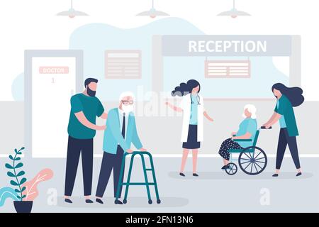 Personnel médical et patients à l'hôpital d'accueil. Concept de soins de santé et de médecine. Médecins et soins infirmiers pour les personnes âgées. Consultation et dia. Médical Illustration de Vecteur