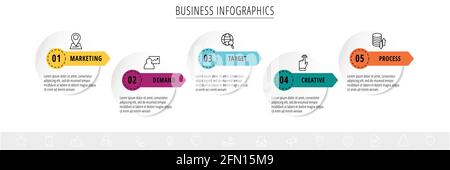 Infographies vectorielles ou chronogramme cinq cartes de cercles reliées par des flèches. Concept commercial de 5 étapes. Modèle de conception pour organigramme, contenu, niveaux Illustration de Vecteur