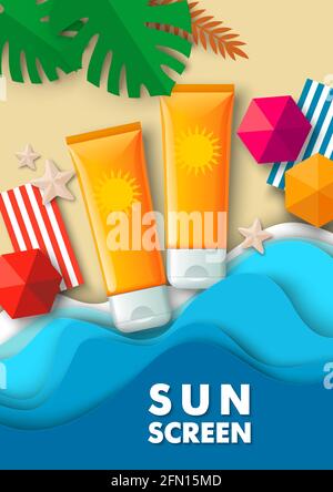 Maquettes de tubes cosmétiques, plage tropicale coupée en papier, parasols, illustration vectorielle. Publicités sur les produits cosmétiques de protection solaire. Illustration de Vecteur