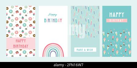 Ensemble de cartes de voeux pour joyeux anniversaire et modèles d'invitation à la fête, avec crèmes glacées, beignets et muffins. Bonbons et gâteries pour anniversaires. Vecteur Illustration de Vecteur