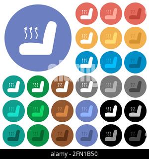 Siège d'auto chauffant multi-couleurs icônes plates sur fond rond. Inclut des variantes d'icônes blanches, claires et sombres pour les effets de survol et d'état actif, un Illustration de Vecteur