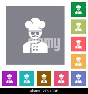 chef cuisinier maître avec des lunettes et des icônes plates de moustache sur simple arrière-plans carrés de couleur Illustration de Vecteur