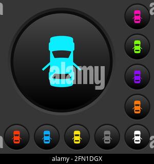 Boutons-poussoirs sombres d'indicateur de tableau de bord des portes arrière ouvertes avec icônes aux couleurs vives sur fond gris foncé Illustration de Vecteur