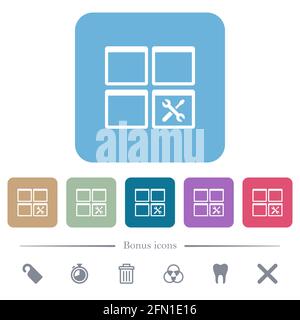 Outils de tableau de bord icônes plates blanches sur fond carré arrondi couleur. 6 icônes bonus incluses Illustration de Vecteur