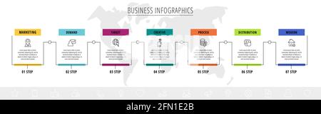 Étiquette de modèle d'infographie à lignes vectorielles pour sept étiquettes rectangulaires colorées. Concept d'entreprise avec 6 éléments et icônes. Espace vierge moderne pour le graphique Illustration de Vecteur