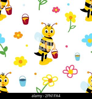 Les enfants se répètent avec des abeilles gaies dans la prairie. Abeille autour des fleurs avec un seau de miel. Motif vectoriel sans couture. Illustration de Vecteur