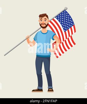 Homme portant le drapeau américain sur son épaule. Homme de style dessin animé. Illustration de Vecteur