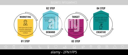 Infographies vectorielles quatre cercles avec flèches. Concept métier de 4 étapes, options. Modèle d'infographie pour diagramme, Web, bannière, présentations Illustration de Vecteur