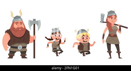 Famille Viking s'amuser. Personnages de style dessin animé. Illustration de Vecteur