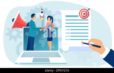 Vecteur d'un homme d'affaires et d'une femme d'affaires se serrant la main signant un contrat en ligne. Illustration de Vecteur