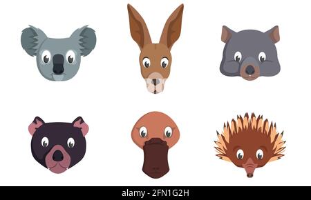 Jeu de têtes d'animaux australiens. Faune et flore dans un style de dessin animé. Illustration de Vecteur