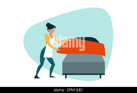 Vecteur d'une jeune femme, une femme de ménage faisant le lit dans la chambre Illustration de Vecteur