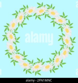 Cadre rond avec marguerites blanches. Vecteur. Gerbera ou camomille fleurs dans un cercle avec des feuilles. Cadre floral délicat avec emplacement pour le texte. Carte postale ou moi Illustration de Vecteur