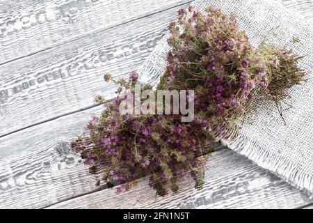 Thym avec fleurs sur fond blanc en bois. Vue de dessus. Banque D'Images