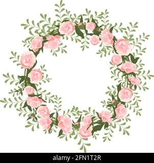 Une couronne de pivoines. Cadre rond, fleurs et feuilles roses mignonnes. Composition rose printemps en fleurs avec bourgeons. Décorations de vacances pour mariage, vacances Illustration de Vecteur