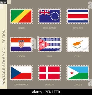 Timbre-poste avec drapeau, collection du drapeau 9: Congo, Iles Cook, Costa Rica, Croatie, Cuba, Chypre, République tchèque, Danemark, Djibouti Illustration de Vecteur