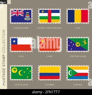 Timbre-poste avec drapeau, collection du drapeau 9: Îles Caïmans, République centrafricaine, Tchad, Chili, Chine, Christmas Island, Cocos Islands, Colombie Illustration de Vecteur