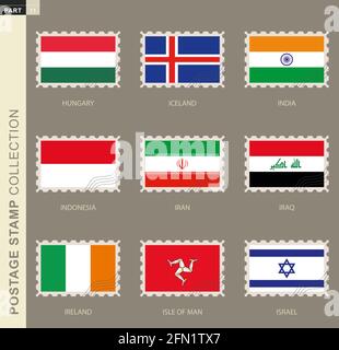 Timbre-poste avec drapeau, collection du drapeau 9: Hongrie, Islande, Inde, Indonésie, Iran, Irak, Irlande, Île de Man, Israël Illustration de Vecteur