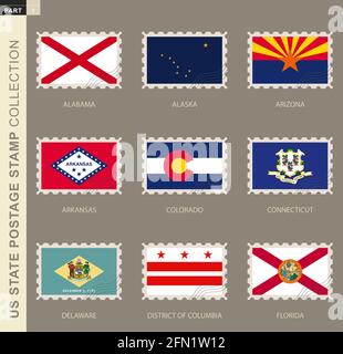 Timbre-poste avec drapeau des États-Unis, collection de 9 drapeau des États-Unis : Alabama, Alaska, Arizona, Arkansas, Colorado, Connecticut, Delaware, District de C. Illustration de Vecteur