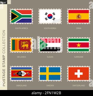 Timbre-poste avec drapeau, collection du drapeau 9: Afrique du Sud, Corée du Sud, Espagne, Sri Lanka, Soudan, Suriname, Swaziland, Suède, Suisse Illustration de Vecteur