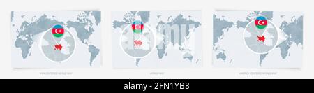Trois versions de la carte du monde avec la carte agrandie de l'Azerbaïdjan avec drapeau. Cartes du monde centrées sur l'Europe, l'Asie et l'Amérique. Illustration de Vecteur
