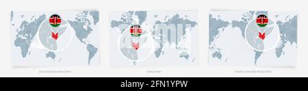 Trois versions de la carte du monde avec la carte agrandie du Kenya avec drapeau. Cartes du monde centrées sur l'Europe, l'Asie et l'Amérique. Illustration de Vecteur