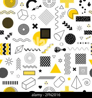 Motif sans coutures Memphis. Formes géométriques abstraites ligne, cercle. Style rétro funky des années 90 éléments de conception géométrique vecteur texture avec parallélépipède, points, zigzag et lignes courbes Illustration de Vecteur