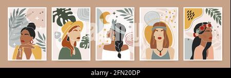 Affiche féminine abstraite. Portrait moderne de la femme avec feuilles, fleurs, formes organiques géométriques. Jeu de vecteurs d'impression minimal moderne. International belles filles avec des accessoires Illustration de Vecteur