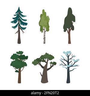 Ensemble de bouleau, chêne, épicéa et arbre d'hiver dans la neige. Symbole vert et marron de la nature, plantes forestières Illustration de Vecteur